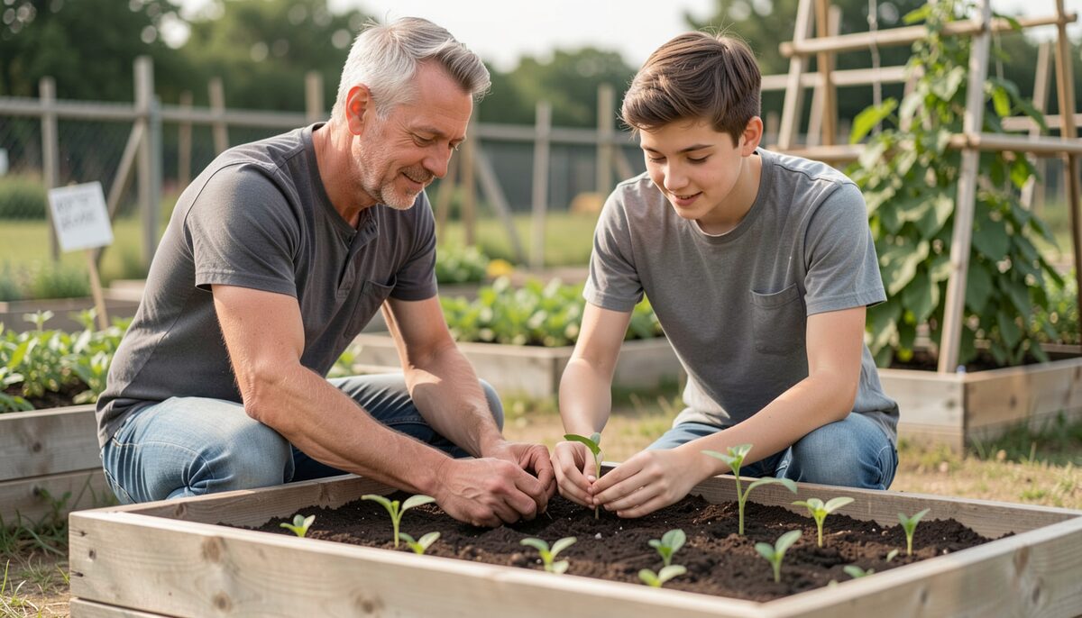 A mentor and young person work together in a community garden.